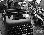 Black and white photograph of the author's desk-susan sheldon nolen