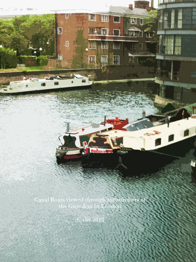 photograph of canal boats outside the guardian in London by Susan Sheldon Nolen (C)2013