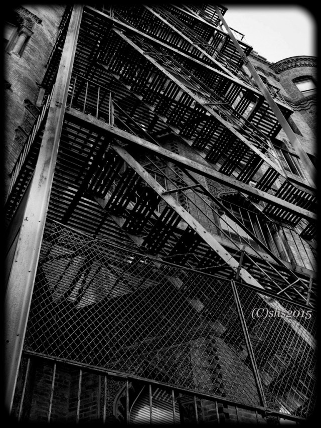 Black and white photograph of a Boston Fire Escape by Susan Sheldon Nolen